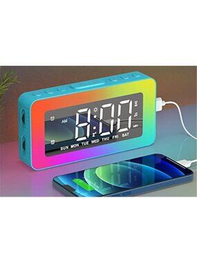 LED Alarm Clock Digital Mirror Display RGB Night Light Dual Alarm USB Charger